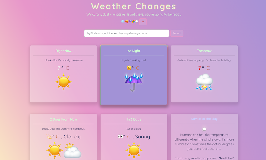 screenshot of weather app with cards in pink